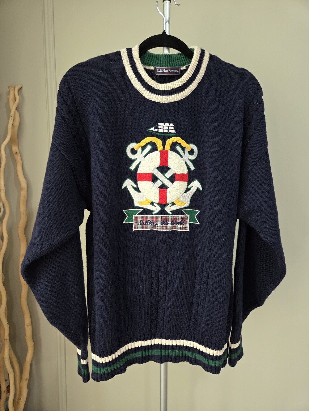 C.E.Hathaway Navy Crewneck Cable Knit Sweater with Nautical Crest Sz.L